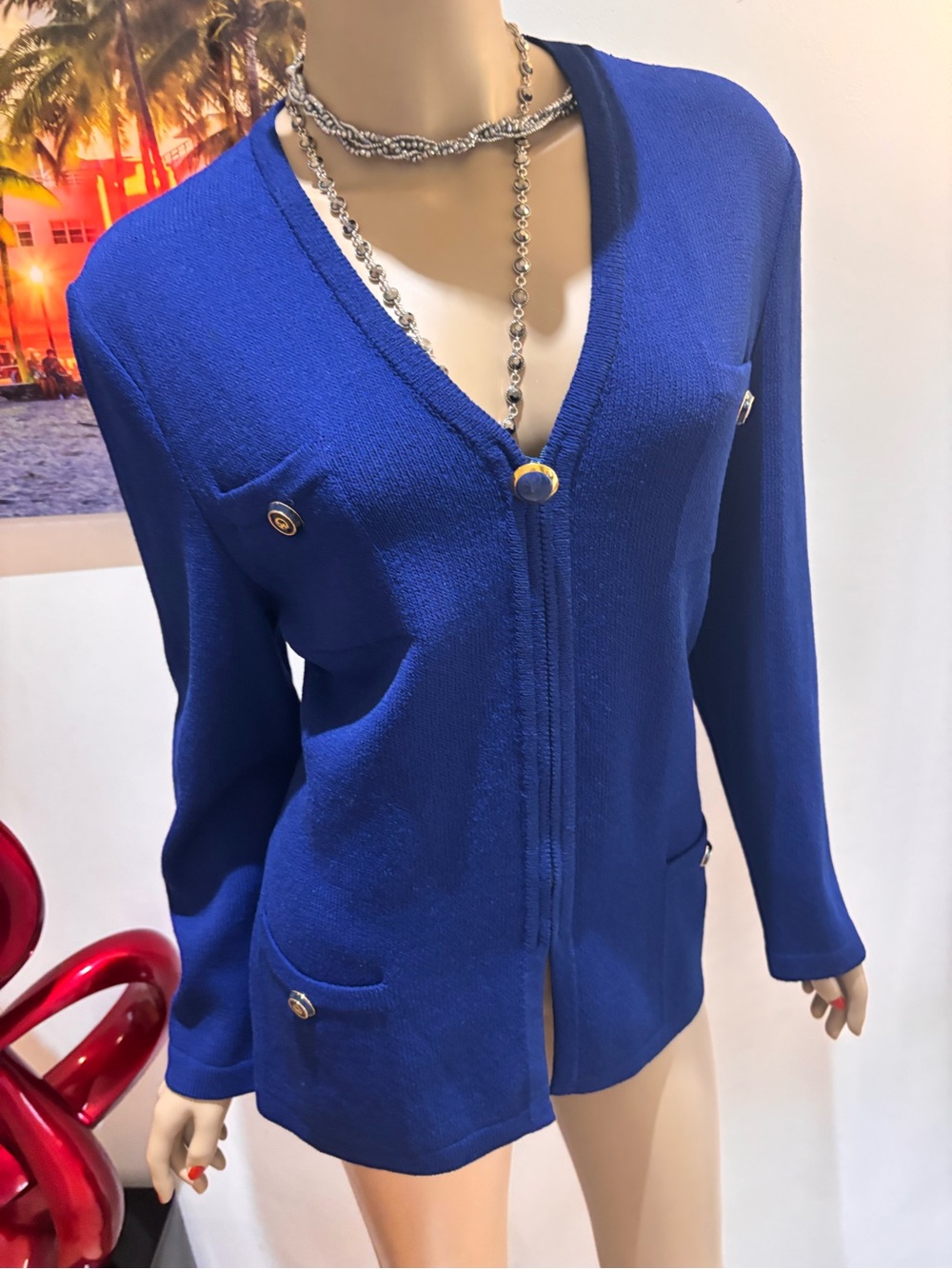St. John Cobalt dark Royal Blue V-Neck Button  zip Cardigan jacket blazer 10